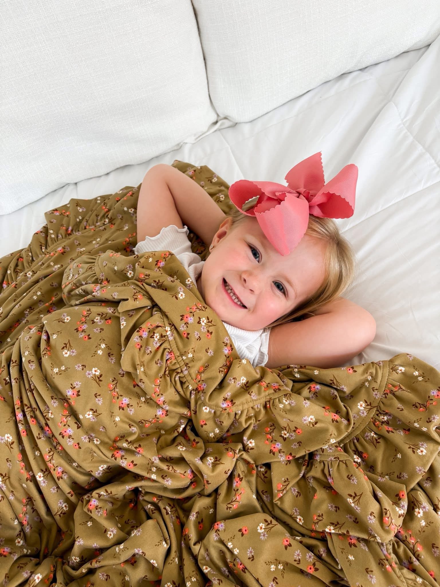 Olive Green Floral Ruffled Throw Blanket
