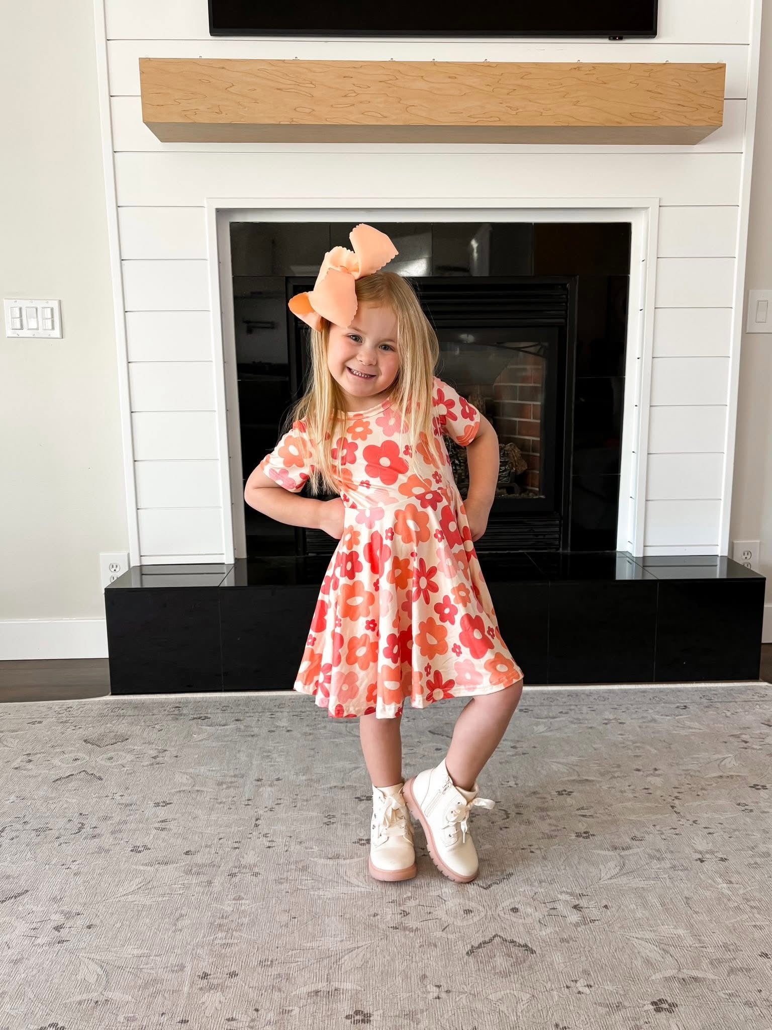 Coral Retro Daisies Twirl Dress