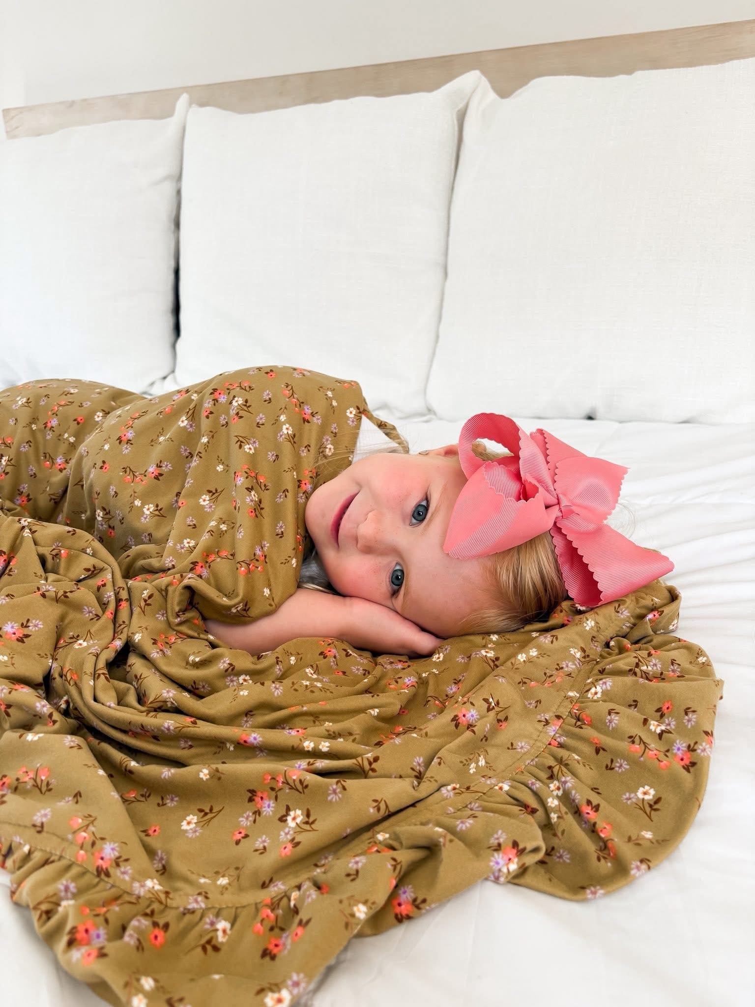 Olive Green Floral Ruffled Throw Blanket