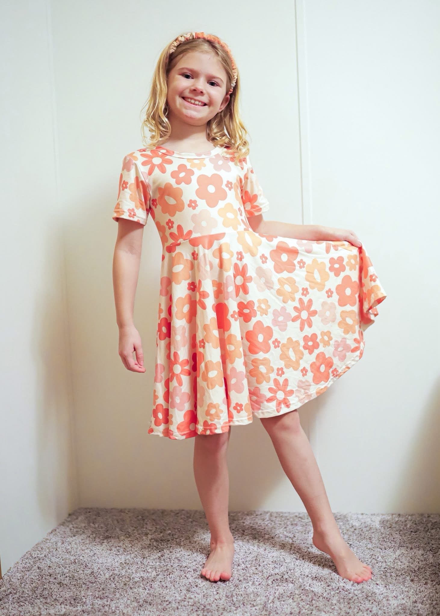 Coral Retro Daisies Twirl Dress