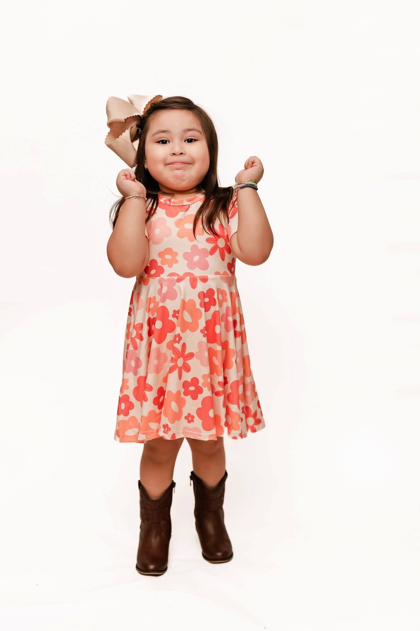 Coral Retro Daisies Twirl Dress