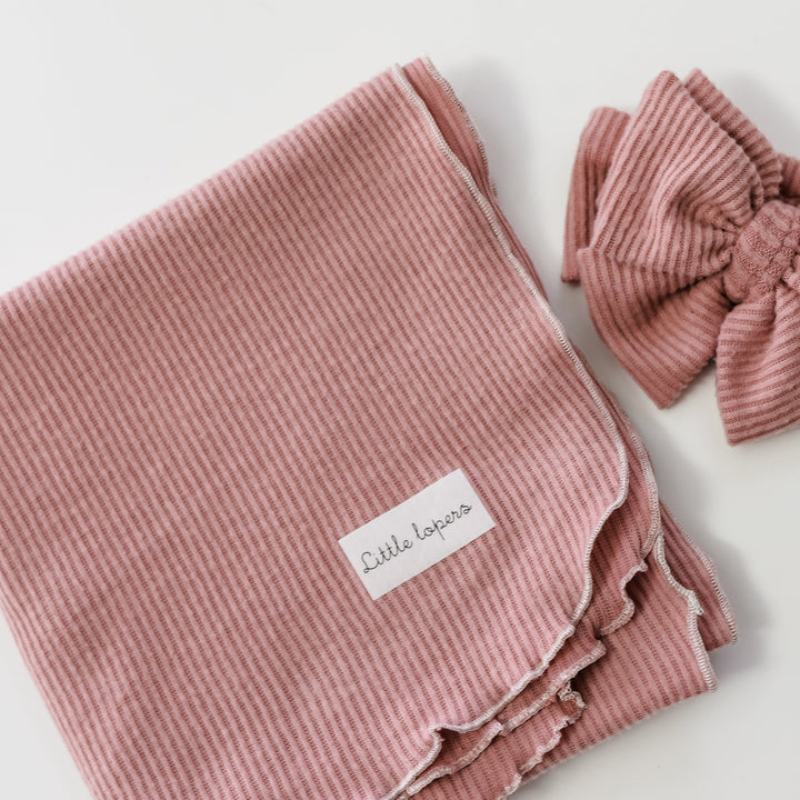 Pink Ribbed Cashmere Swaddle and Bow Set