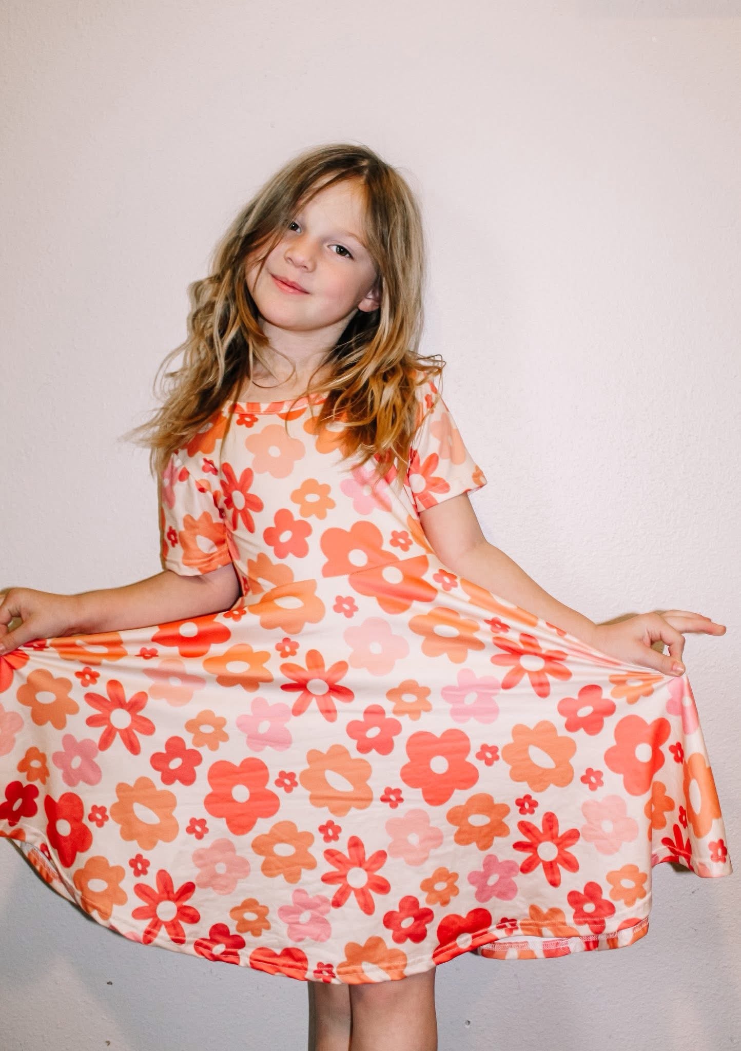 Coral Retro Daisies Twirl Dress