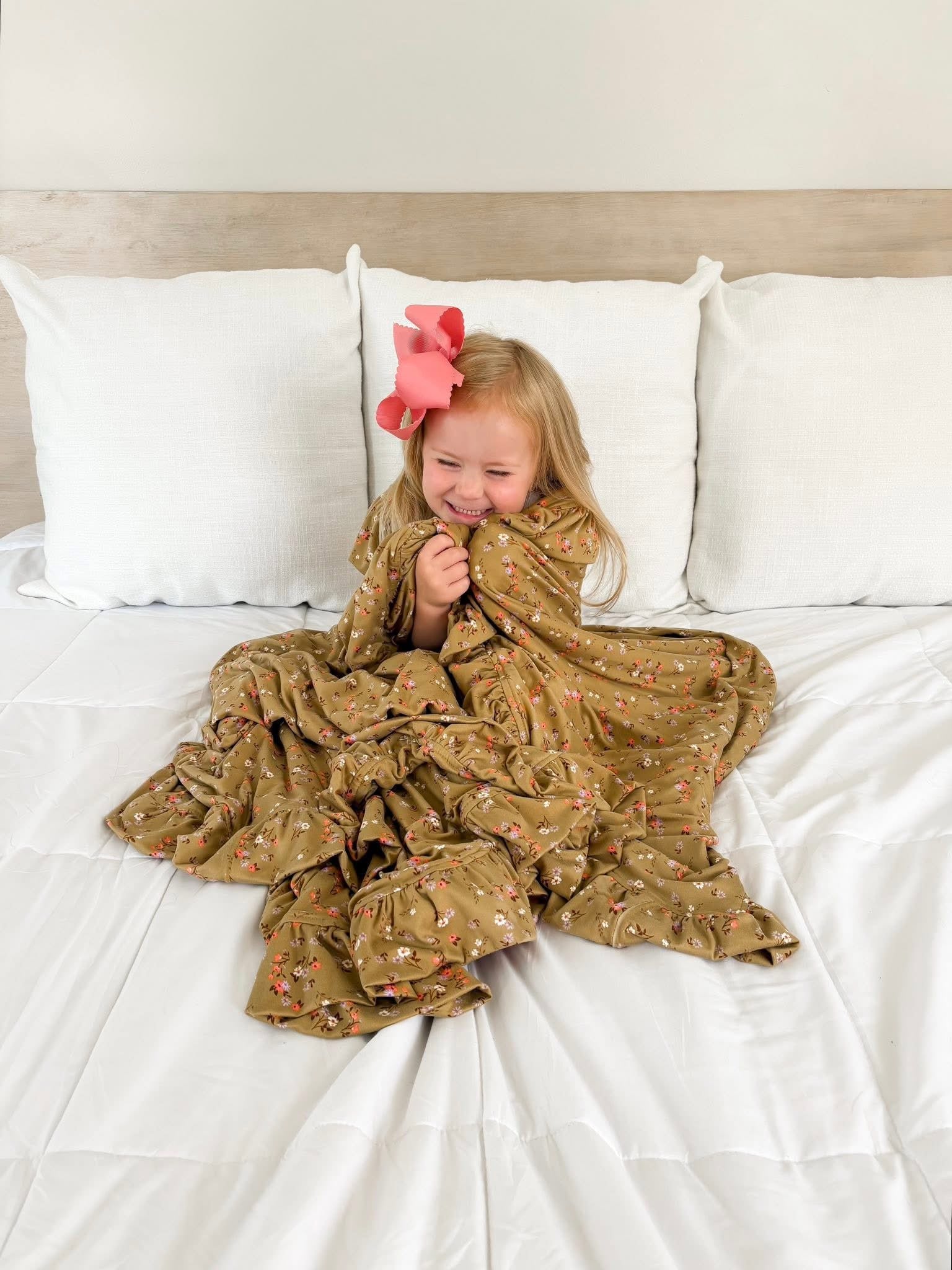 Olive Green Floral Ruffled Throw Blanket