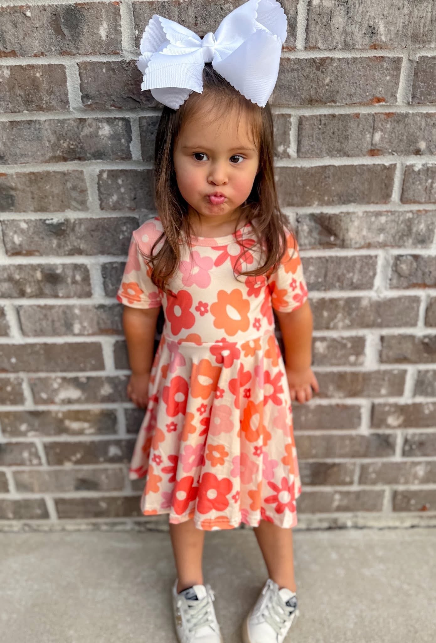 Coral Retro Daisies Twirl Dress