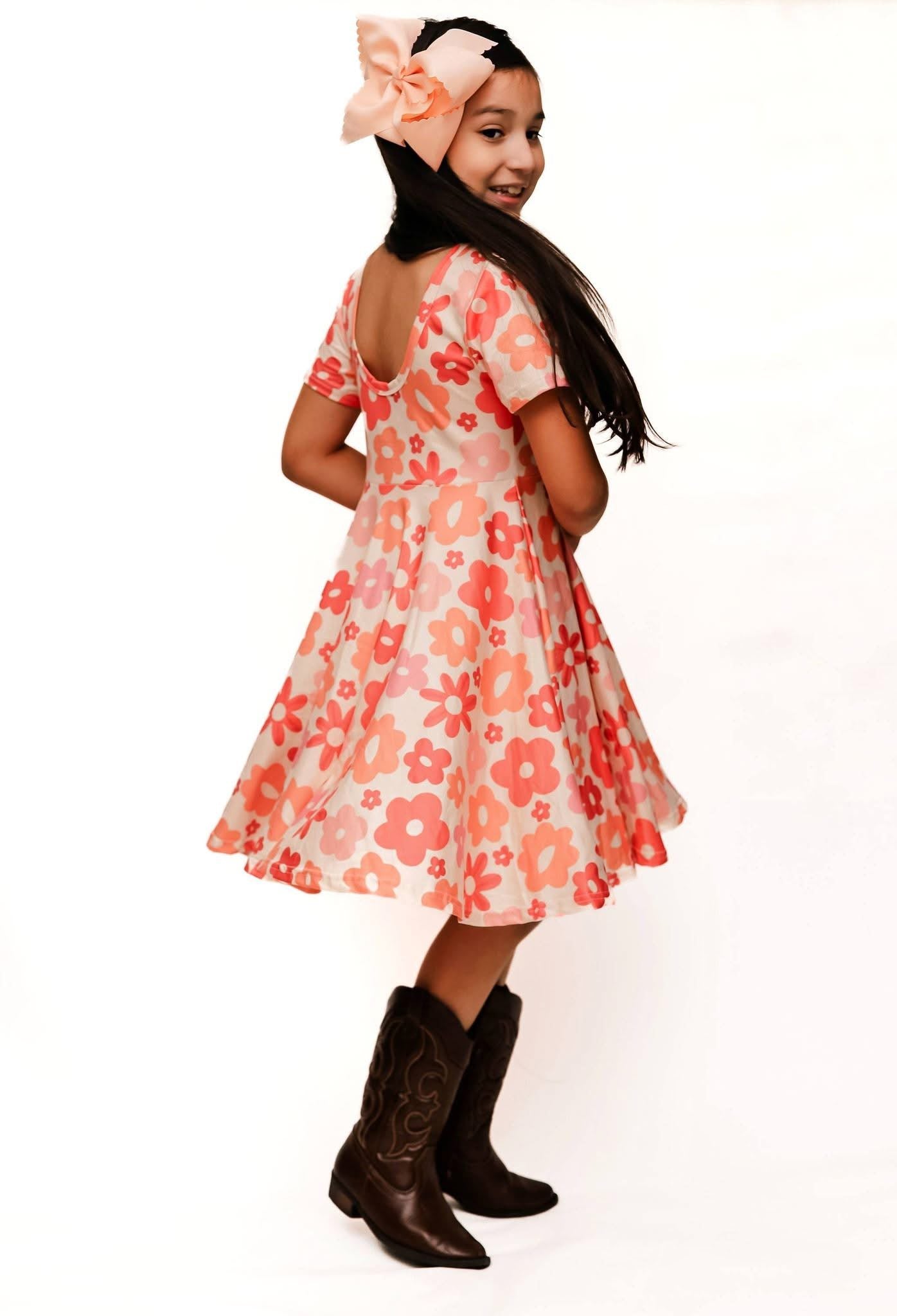 Coral Retro Daisies Twirl Dress