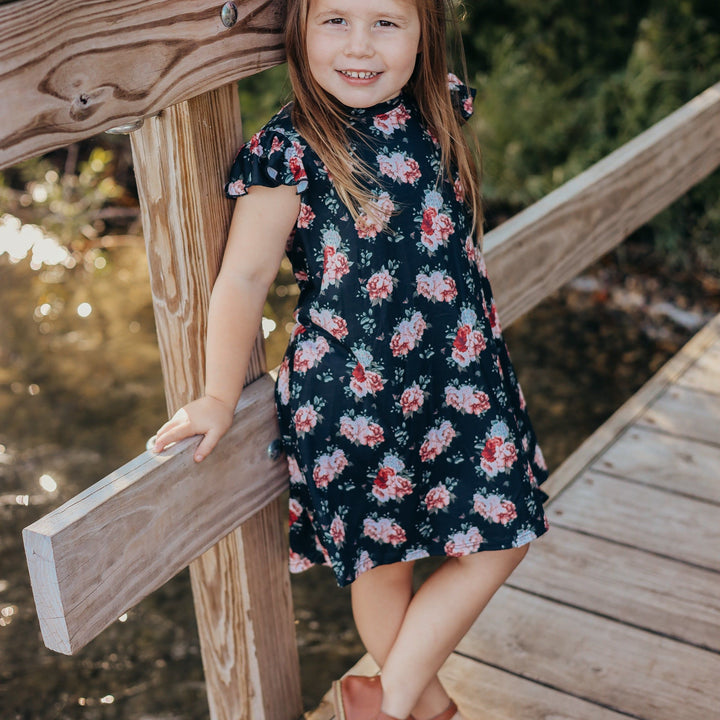 Flutter Sleeve Black Floral Dress