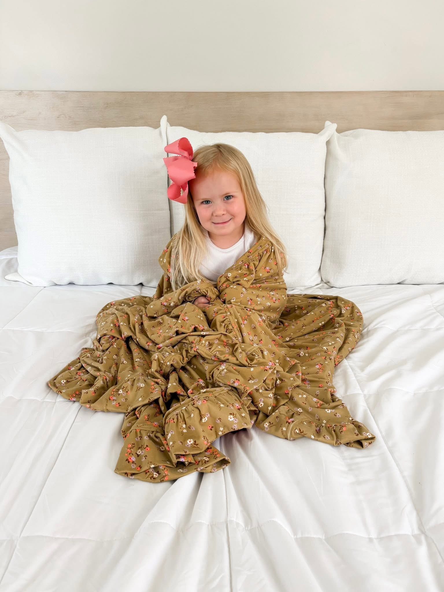 Olive Green Floral Ruffled Throw Blanket