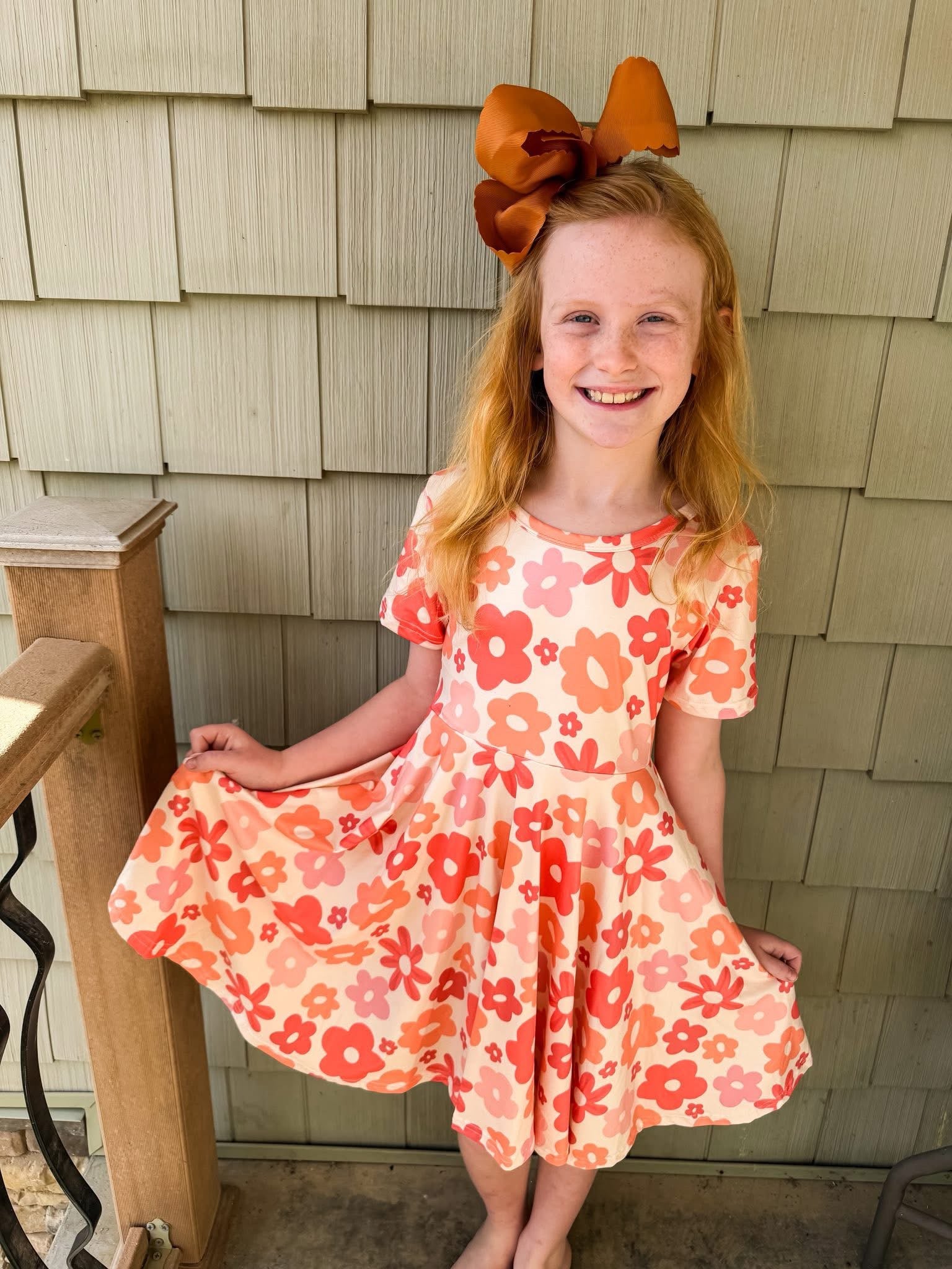 Coral Retro Daisies Twirl Dress