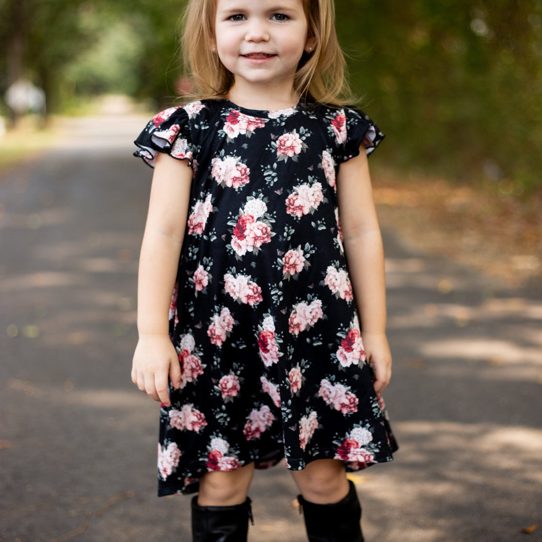 Flutter Sleeve Black Floral Dress