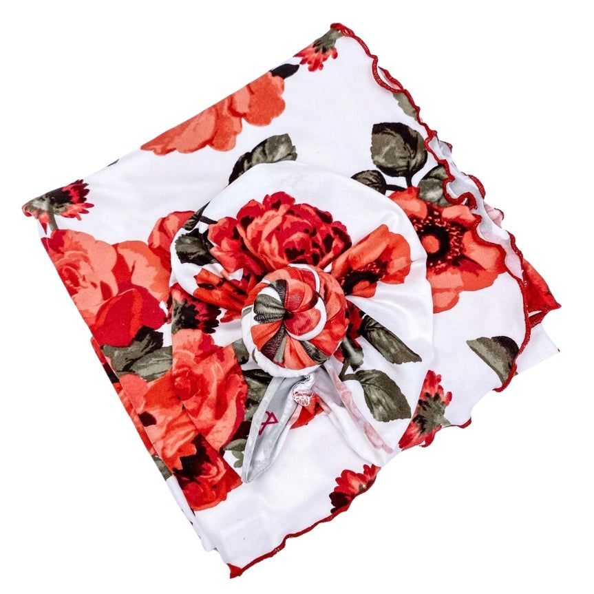 Red Floral Ivory Swaddle Blanket Set